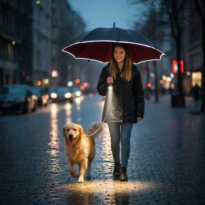 Frau mit Hund unter dem Regenschirm mit LED-Licht auf nasser Straße am Abend