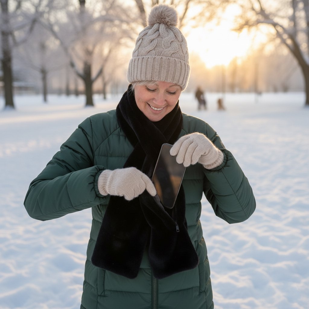 Schwarzer Fellschal mit Tasche im verschneiten Park – Smartphone wird verstaut