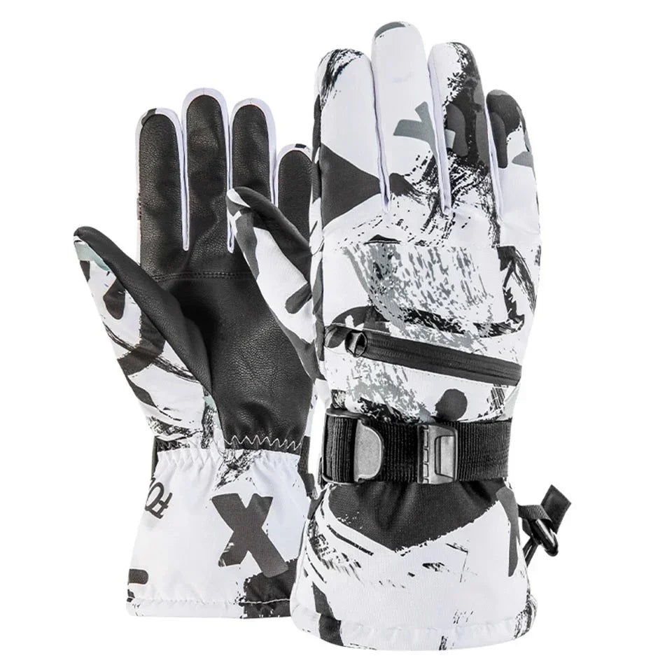 Skihandschuhe Weiß-Grau – Handfläche und Handrücken mit Reißverschlusstasche