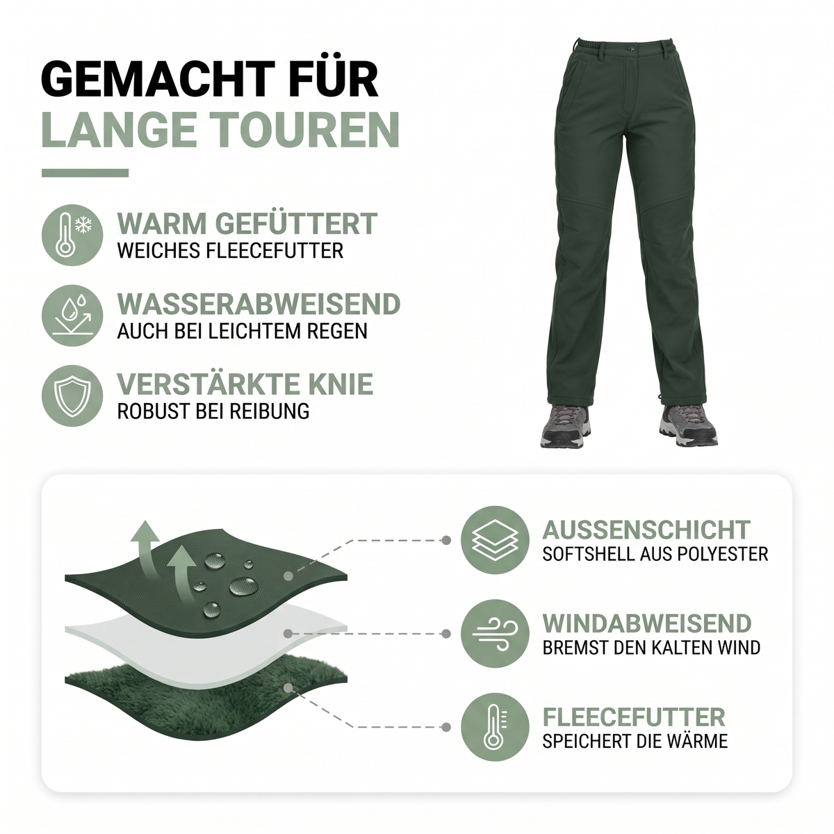 Materialaufbau der Wanderhose für Damen: wasserabweisendes Softshell außen, Fleecefutter innen