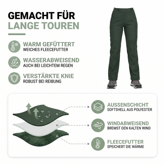 Materialaufbau der Wanderhose für Damen: wasserabweisendes Softshell außen, Fleecefutter innen