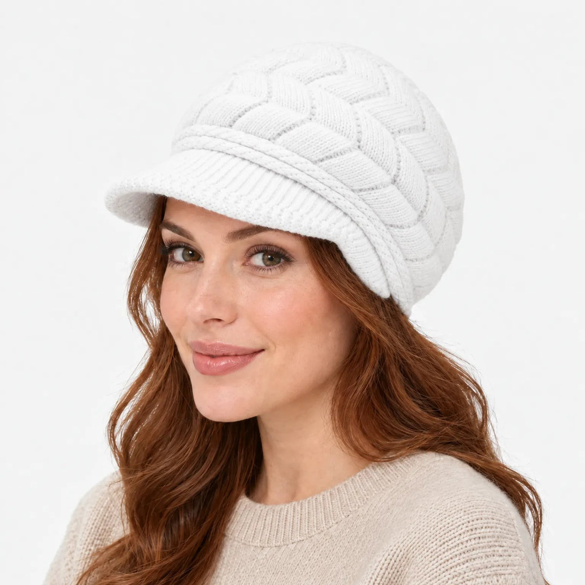 Strickmütze Damen mit Schirm in Weiß