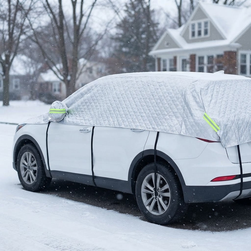 Halbgarage SUV Silber von hinten seitlich mit Gurten an den Türen