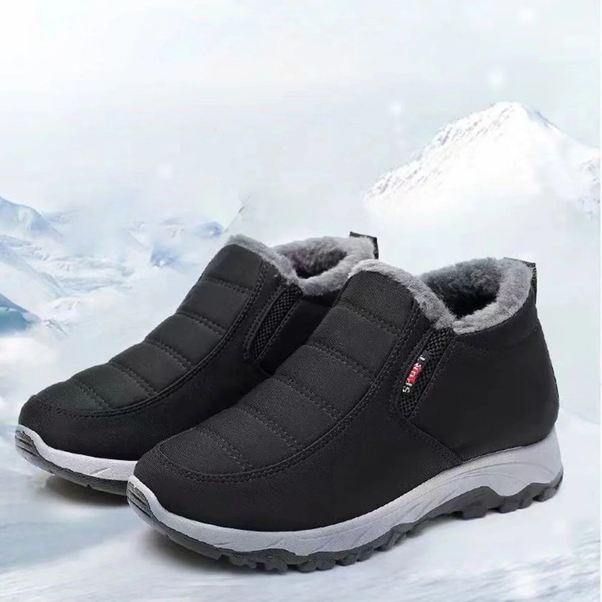 Winterschuhe Damen gefüttert – Paar in Schwarz vor verschneiter Landschaft