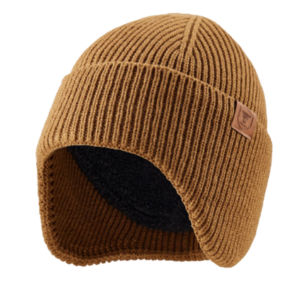 Mütze mit Ohrenklappen in Camel – Produktfoto mit schwarzem Fleecefutter