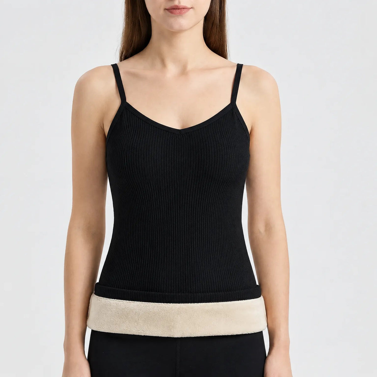 Thermo Unterhemd Damen in Schwarz – Produktfoto mit Plüschfutter am Saum
