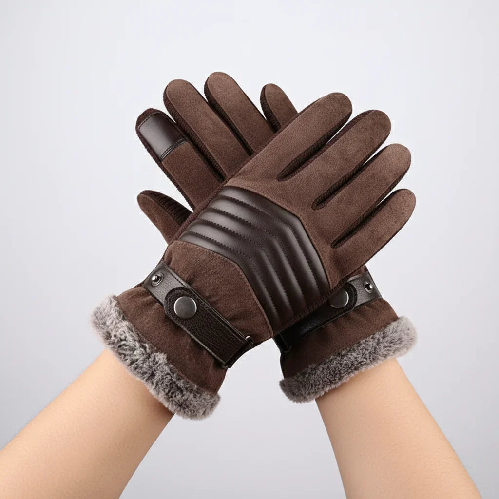 Winterhandschuhe Herren in Braun als Paar – Touchscreen-Fingerkuppe am Zeigefinger und Plüschrand
