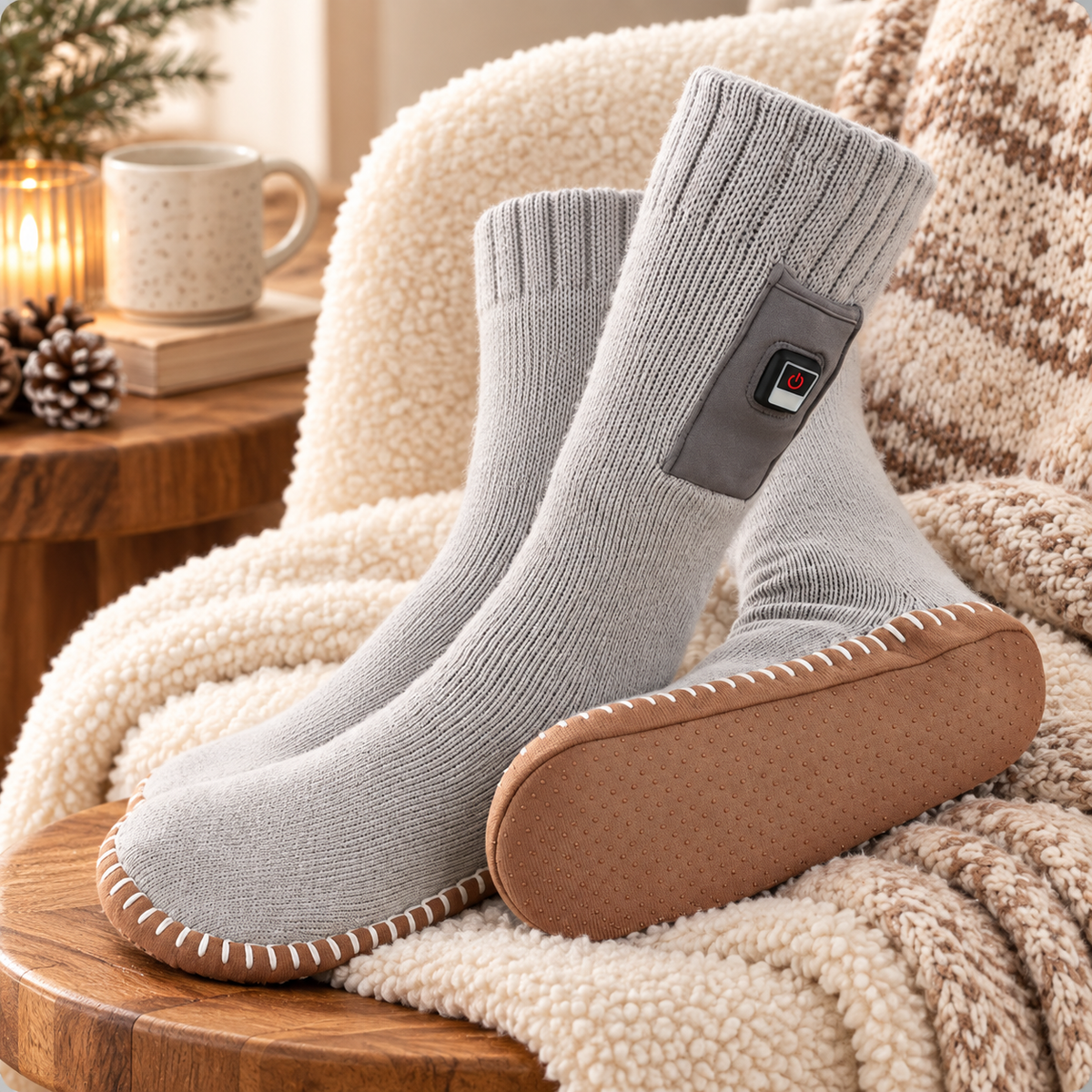 Hüttensocken mit Akku auf einer Strickdecke