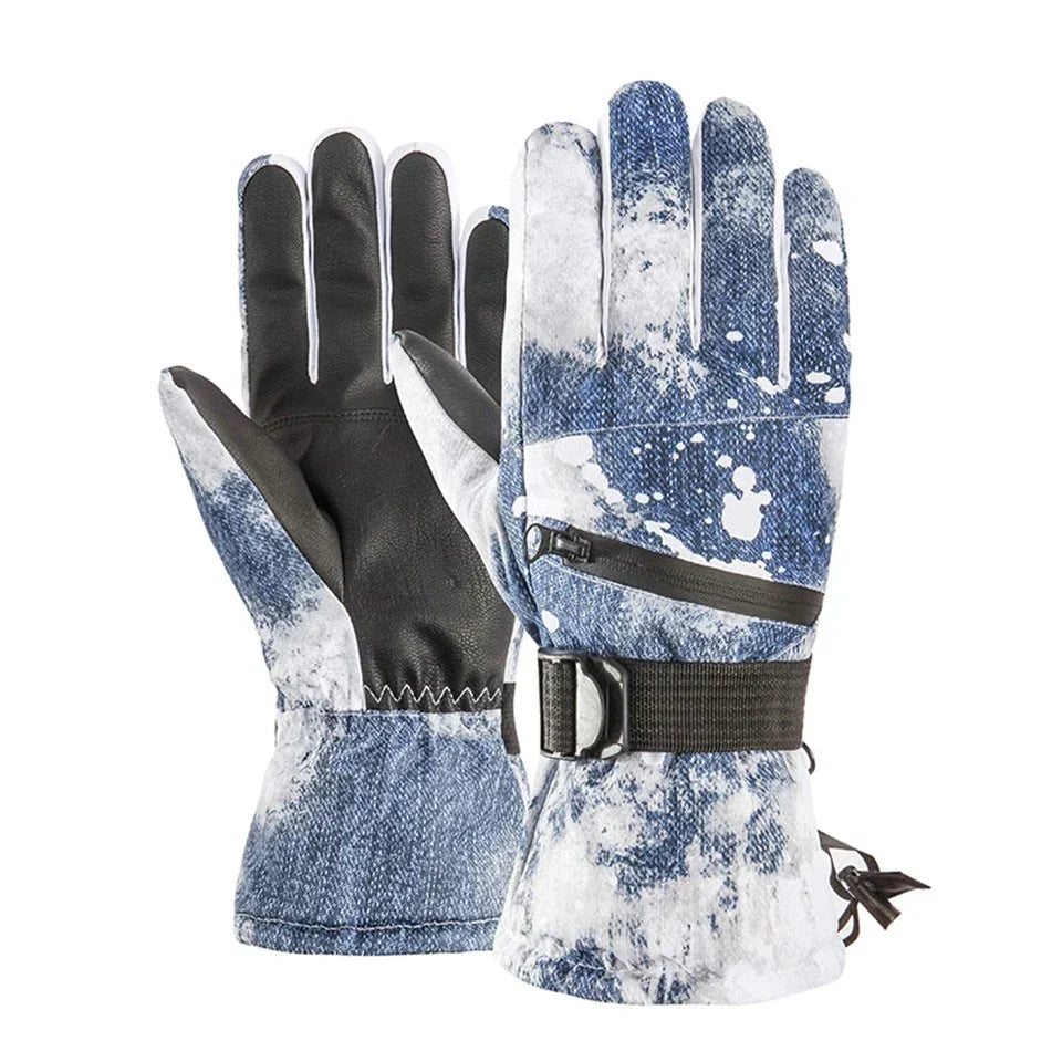 Skihandschuhe Blau – Paar mit Handgelenkriemen und Kordelzug
