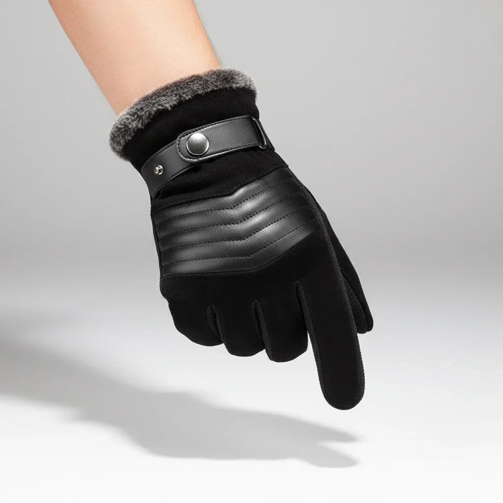 Winterhandschuhe Herren in Schwarz – Plüschrand, Druckknopf-Riegel und Ziernaht-Einsatz in Lederoptik