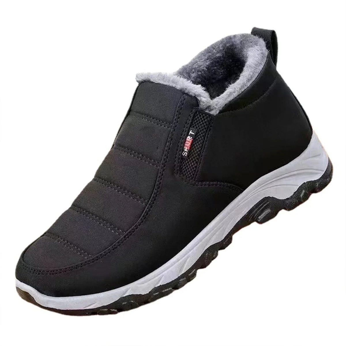 Winterschuhe Damen gefüttert in Schwarz – Produktfoto auf Weiß mit grauem Plüschfutter