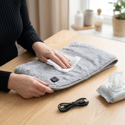 Heizgürtel reinigen – mit feuchtem Tuch abwischen, USB-Kabel daneben