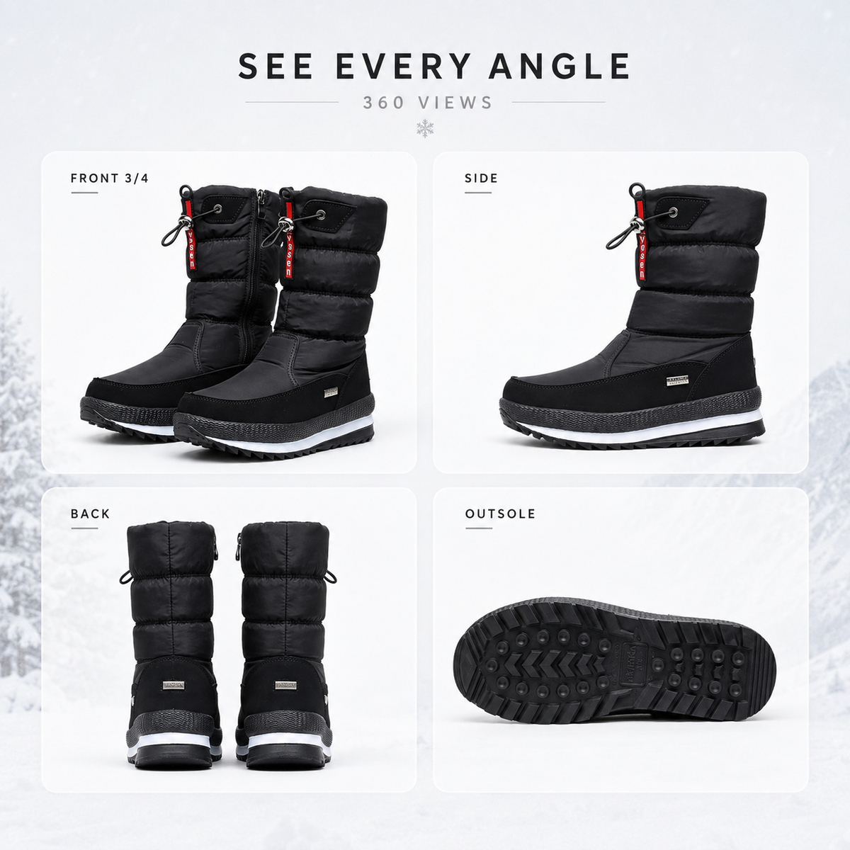 Winterstiefel Damen gefüttert in Schwarz – Ansichten von vorne, Seite, hinten und Laufsohle
