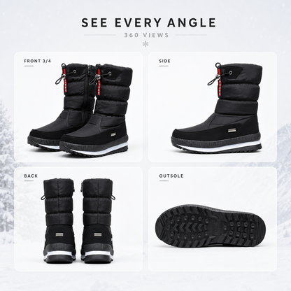Winterstiefel Damen gefüttert in Schwarz – Ansichten von vorne, Seite, hinten und Laufsohle