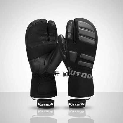 Skihandschuhe in Schwarz mit 3 Fingern – gepolsterter Handrücken, Klettverschluss und Handgelenkschlaufen
