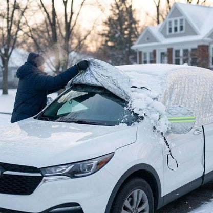 Autoabdeckung SUV mit Schnee wird morgens von der Frontscheibe abgezogen