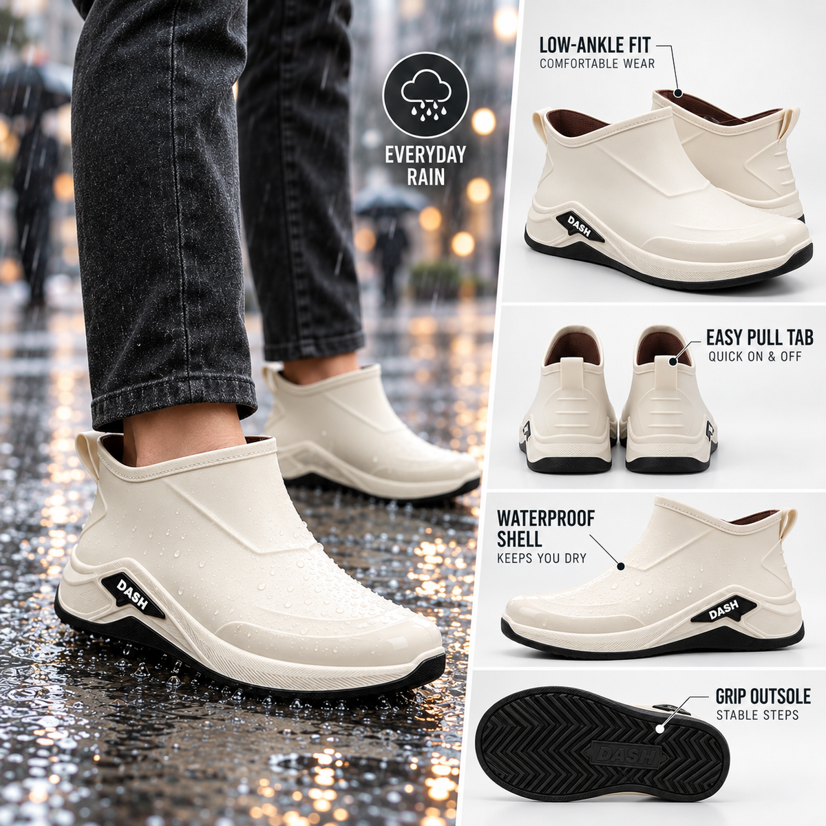 Gummistiefel Herren kurz Übersicht: knöchelhoher Schnitt, Zuglasche, Außenschale und Profilsohle