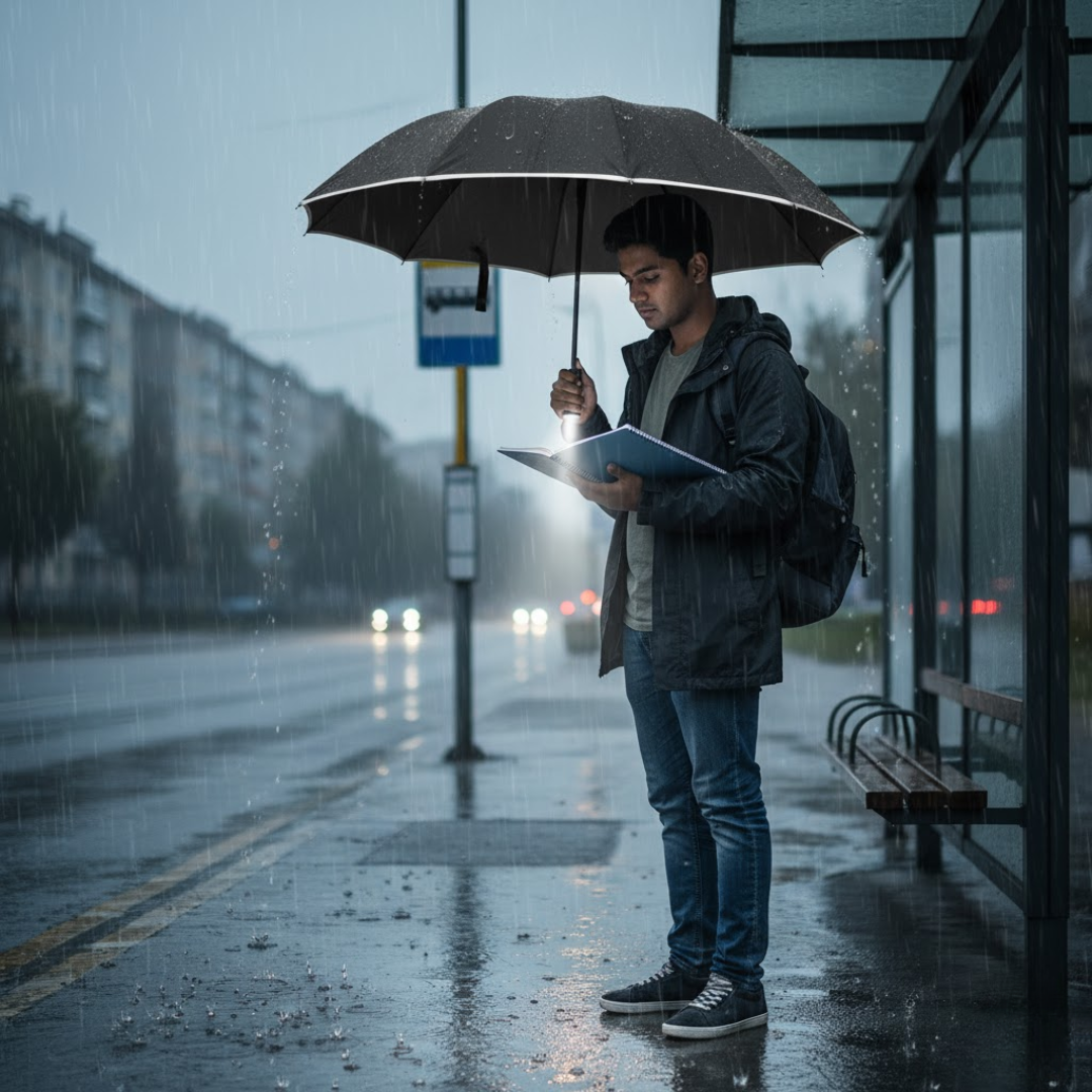 Mann an der Bushaltestelle mit sturmfestem Regenschirm und LED-Licht