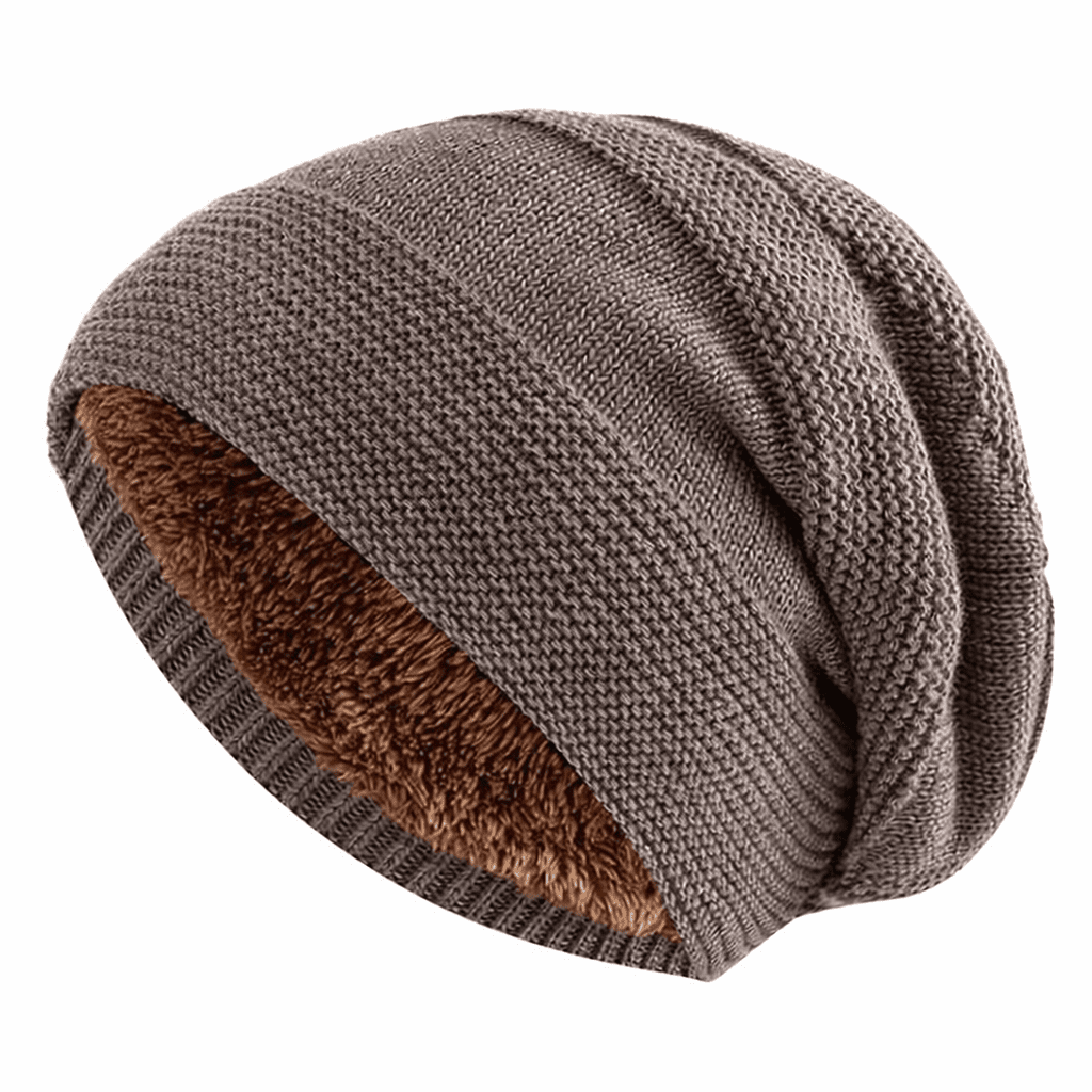 Fleecegefütterte Slouchy-Mütze in Taupe – weiches Innenfutter sichtbar