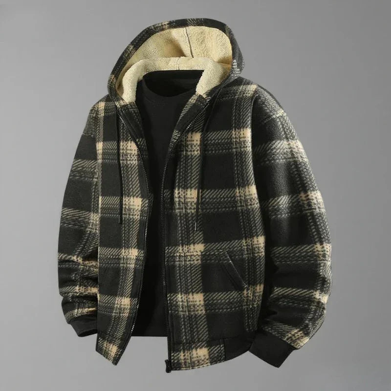 Karo-Jacke Herren schwarz-weiß mit Sherpa-Kapuze