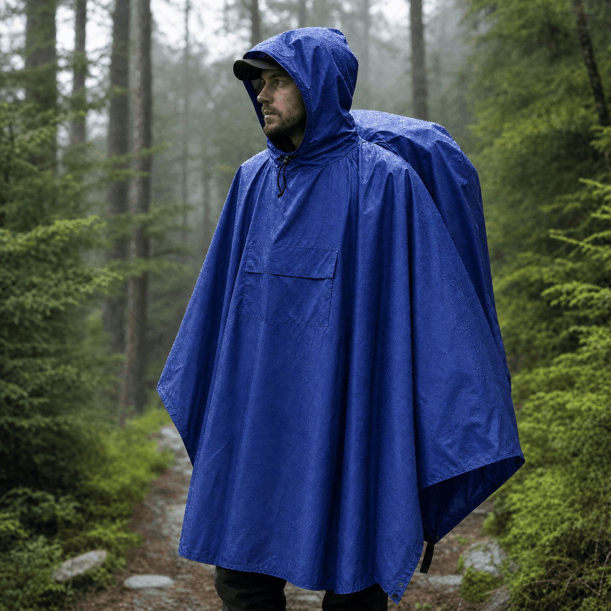 Blauer Regenponcho mit Kapuze im Regen getragen