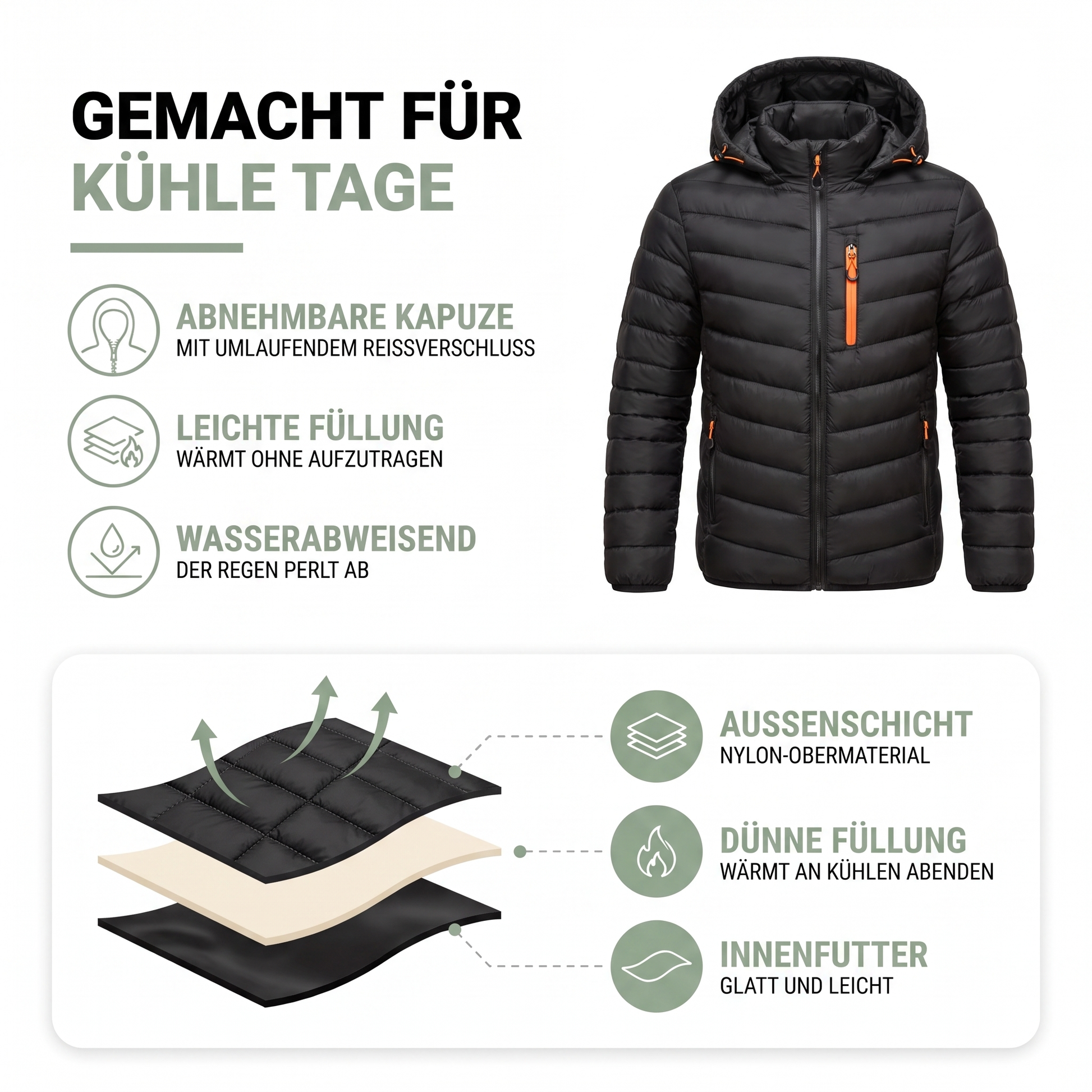 Übergangsjacke Herren - Leichte Steppjacke - Abnehmbare Kapuze