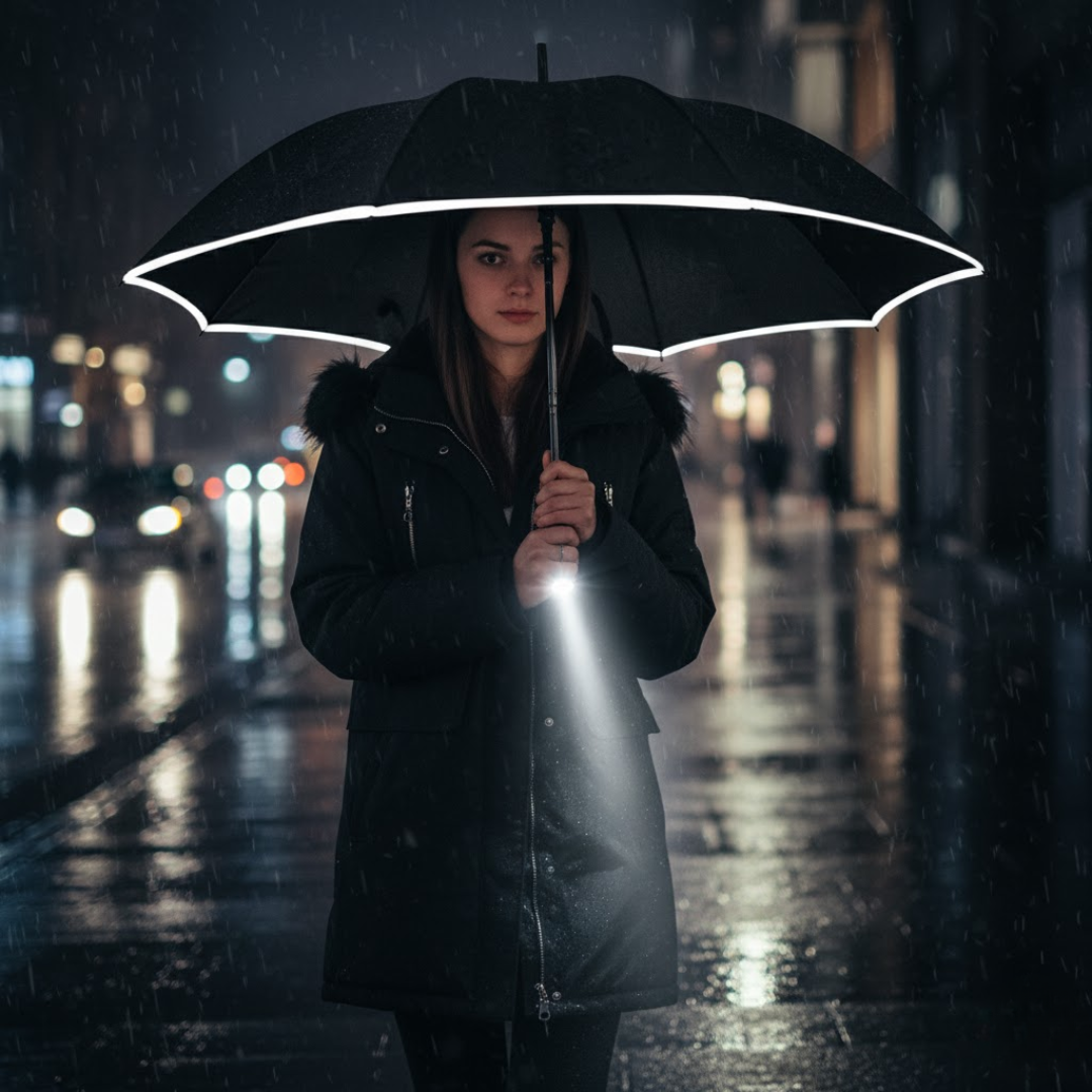 Frau im Regen bei Nacht unter dem Regenschirm mit Reflexrand und LED-Licht