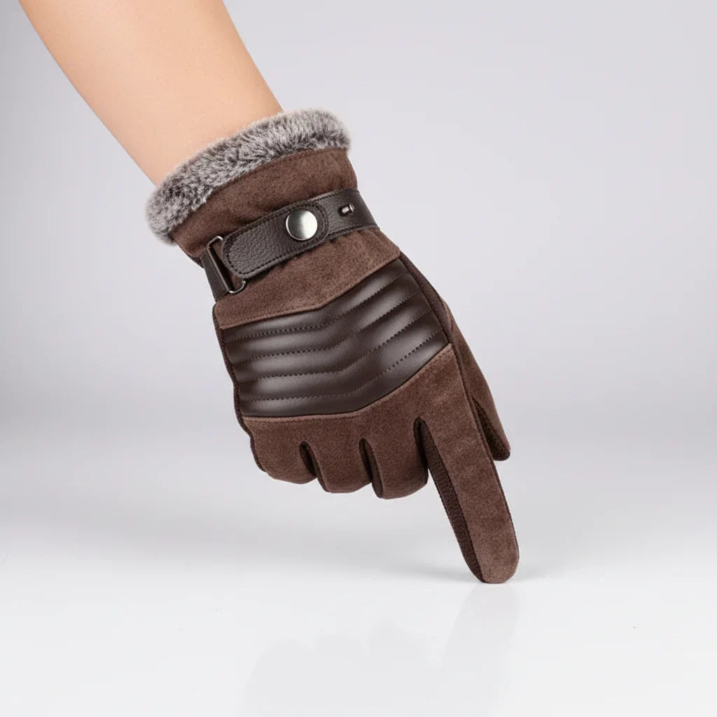 Winterhandschuhe Herren in Braun – Wildlederoptik mit Plüschrand und Riegel mit Druckknopf
