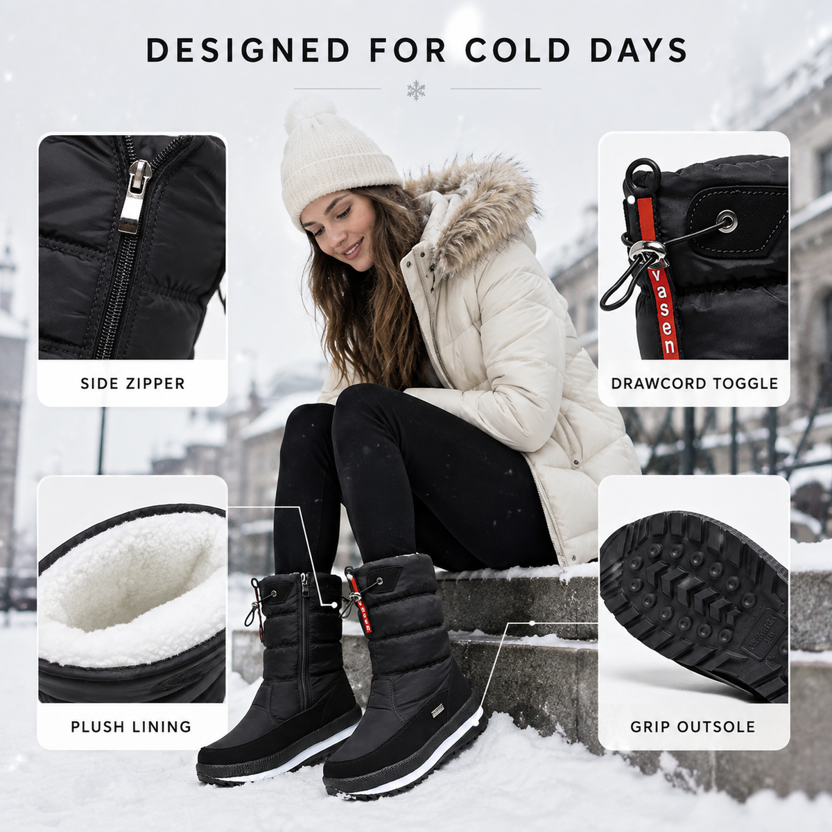 Winterstiefel Damen gefüttert in Schwarz – Details: Reißverschluss, Kordelzug, Futter und Profilsohle