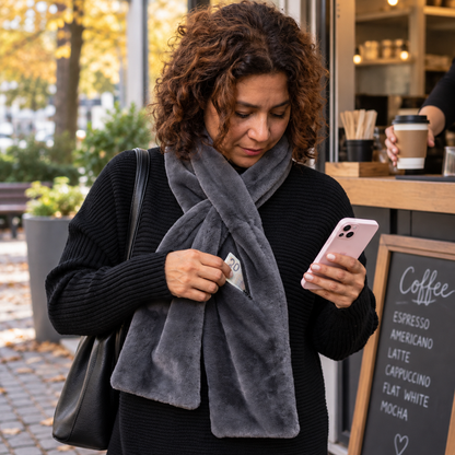 Grauer Kunstfellschal am Kaffeestand – Geldschein wird in die Tasche gesteckt