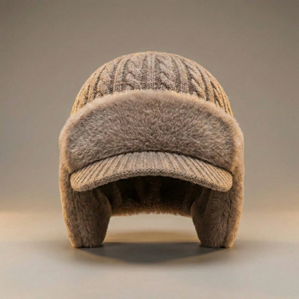Mütze mit Schirm in Beige – Wintermütze mit Plüsch-Ohrenklappen