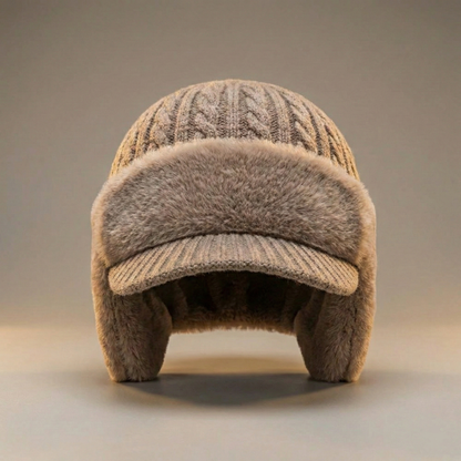 Mütze mit Schirm in Beige – Wintermütze mit Plüsch-Ohrenklappen