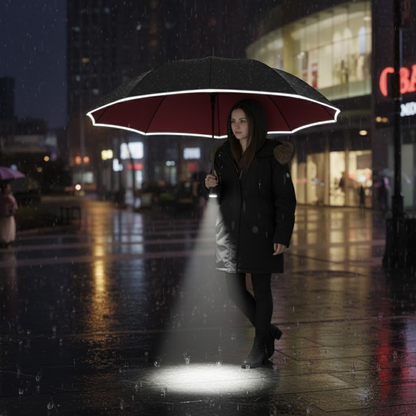 Regenschirm mit weinrotem Schirmdach und LED-Lichtkegel auf dem Gehweg