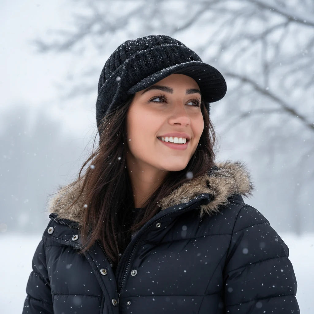 Frau im Schneefall mit schwarzer Mütze mit Schirm