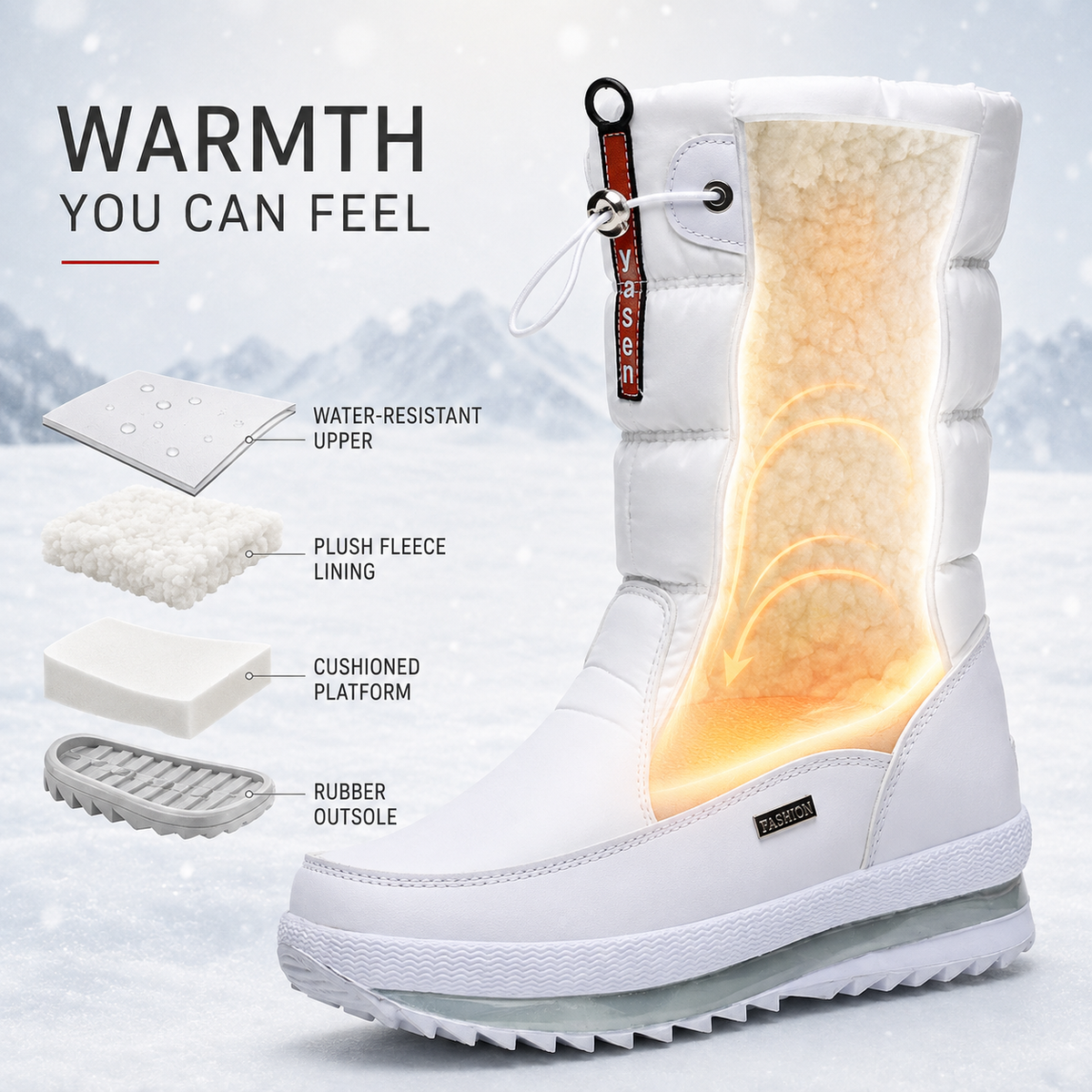 Winterstiefel Damen gefüttert in Weiß – Schnittbild mit Futter, Plateau und Gummisohle