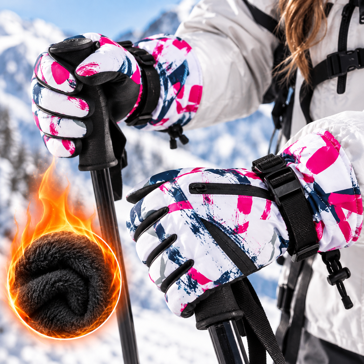 Skihandschuhe Weiß-Magenta am Skistock, Innenfutter im Detail