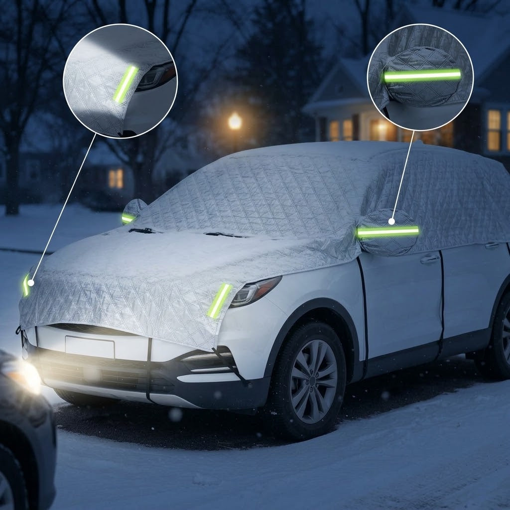 Autoabdeckung SUV bei Nacht mit reflektierenden Streifen an Spiegel und Front