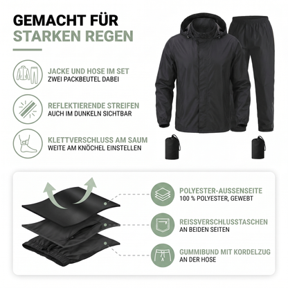 Aufbau des Regenanzugs: Polyester-Außenseite, Reißverschlusstaschen und Gummibund mit Kordelzug