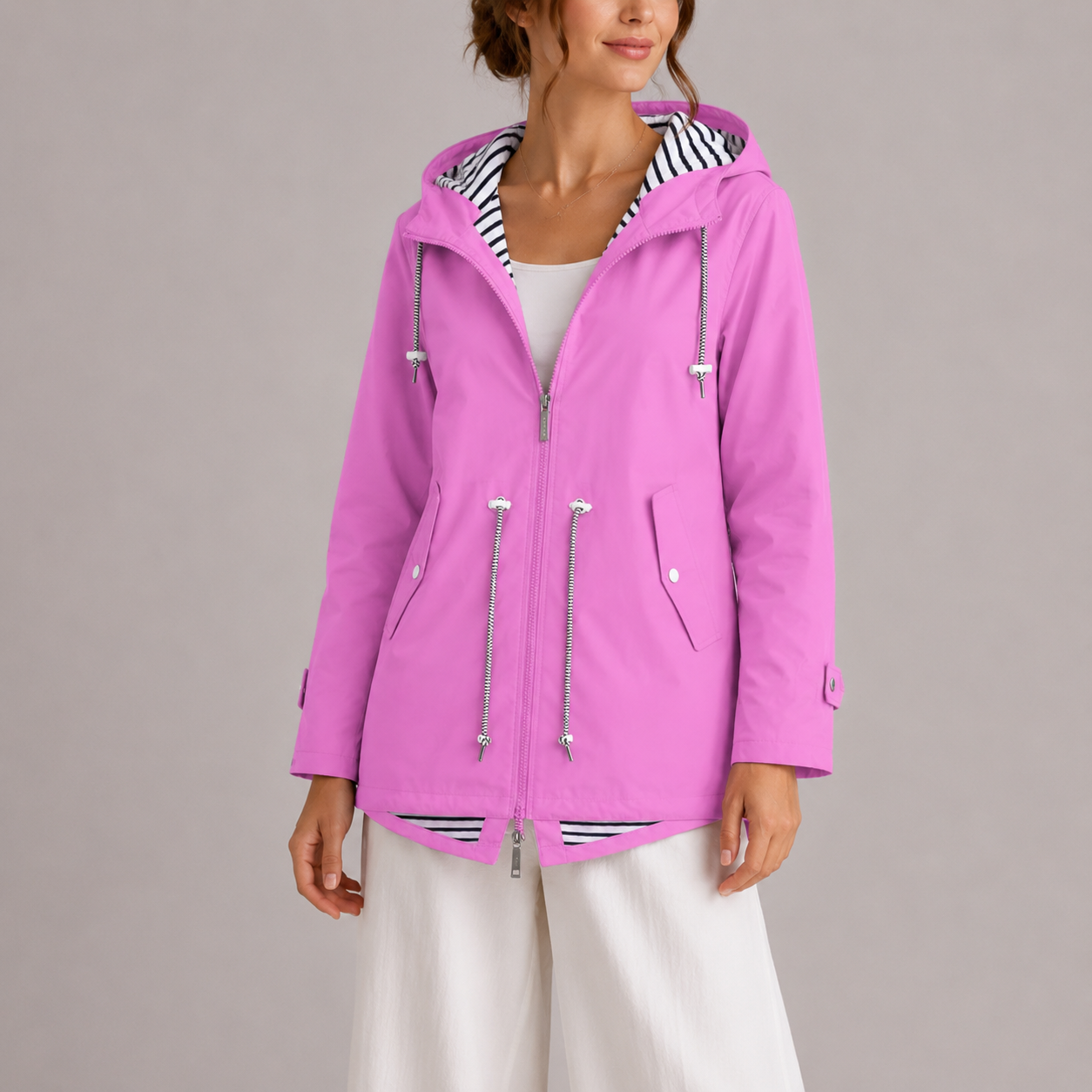 Regenjacke Damen mit Kapuze - Wasserabweisend - Gestreiftes Innenfutter