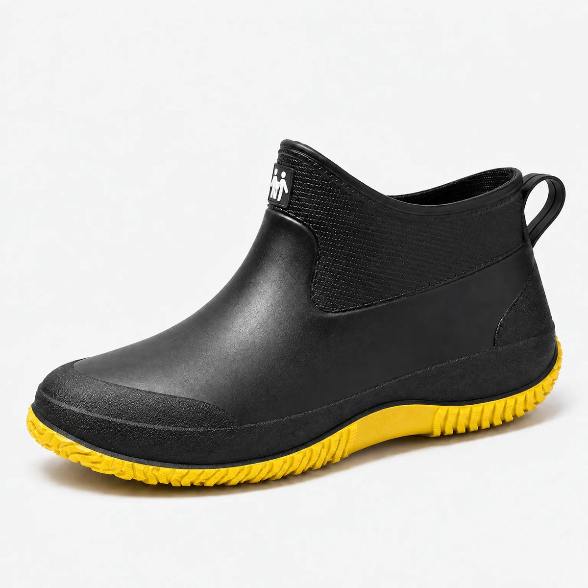 Kurze Gummistiefel Damen in Schwarz mit gelber Sohle – Produktfoto