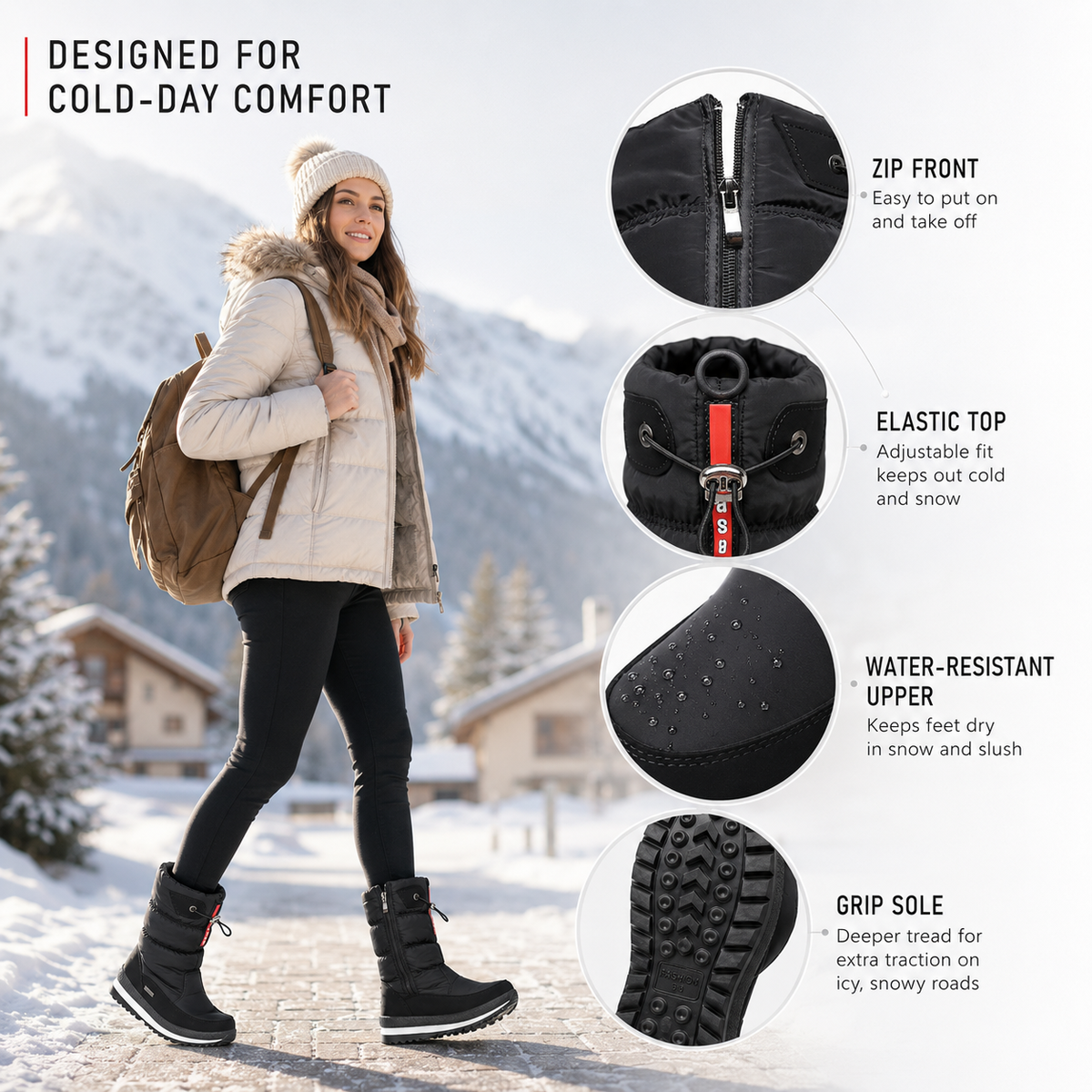 Winterstiefel Damen gefüttert in Schwarz – Details zu Reißverschluss, Schaftrand und Sohle