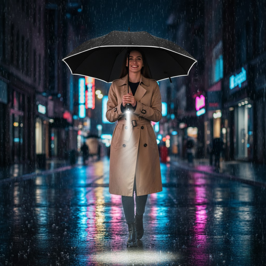 Frau im Trenchcoat mit schwarzem Automatik-Regenschirm in der Stadt bei Nacht