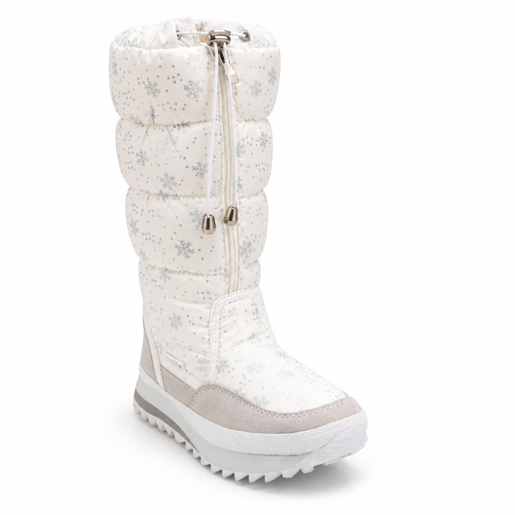 Winterstiefel Damen in Weiß von vorne – durchgehender Reißverschluss, Kordelzug mit Metallstopper und Profilsohle