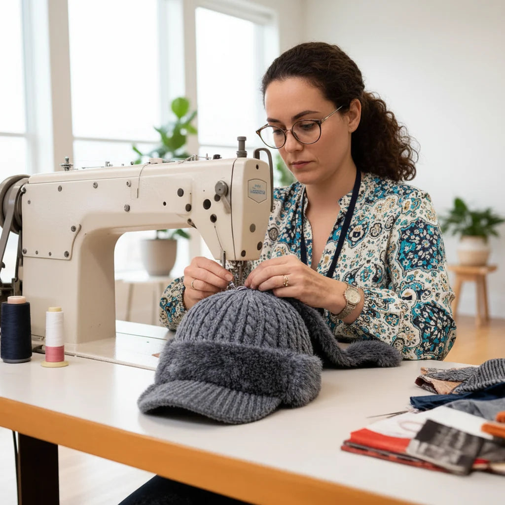 Graue Wintermütze mit Schirm an der Nähmaschine