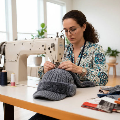 Graue Wintermütze mit Schirm an der Nähmaschine
