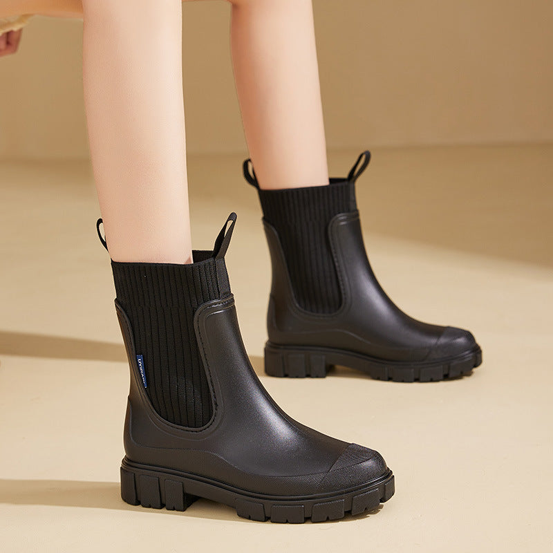 Gummistiefel Damen im Chelsea-Look - Strickeinsatz - Plateausohle