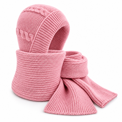 Mütze Schal Set Damen in Rosa – gefütterte Strickmütze mit Halsteil und Schal, Packshot