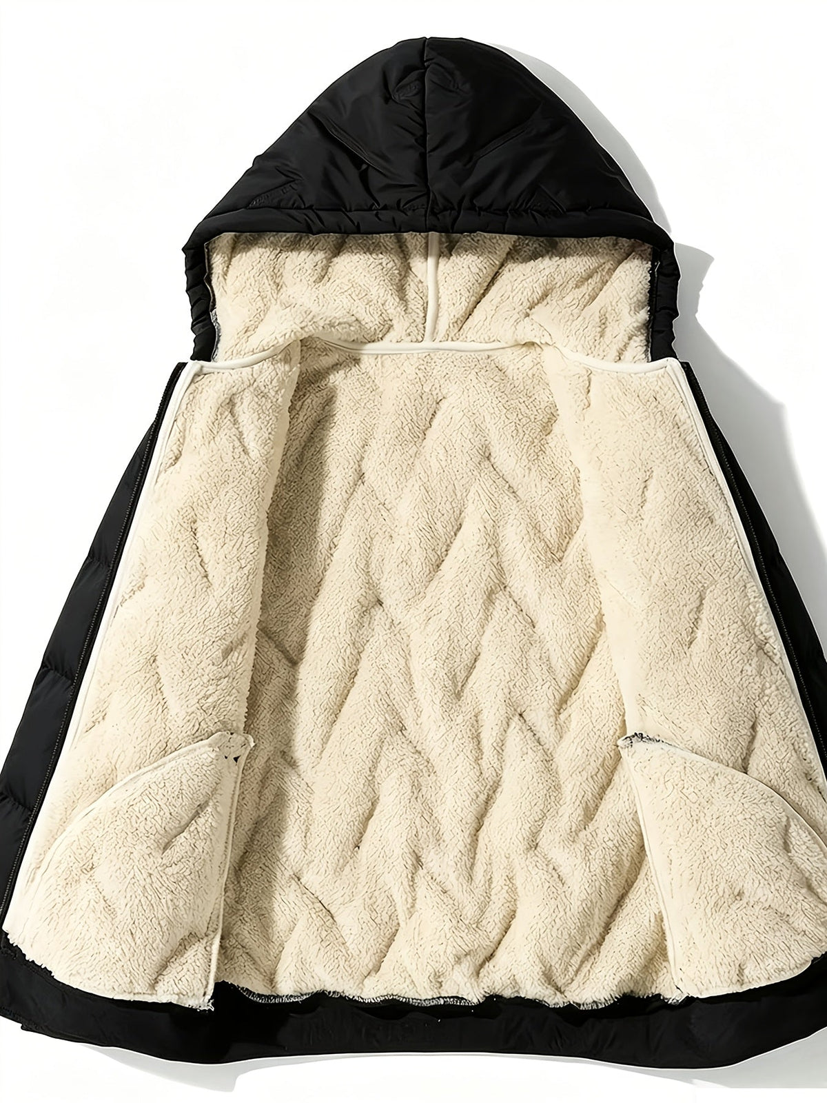 Thermoanzug Herren: geöffnete Jacke mit Plüschfutter in Körper und Kapuze