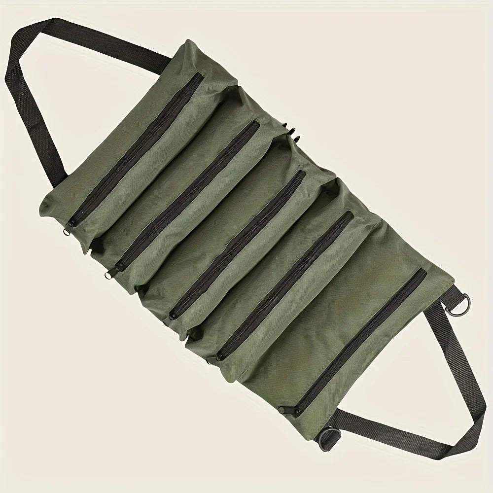 Werkzeugtasche Roll-Up Grün – Reißverschlussfächer von vorne