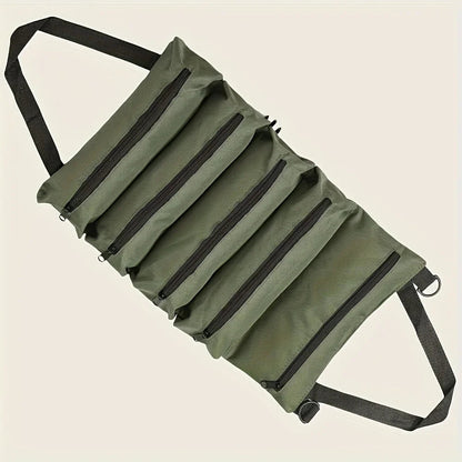 Werkzeugtasche Roll-Up Grün – Reißverschlussfächer von vorne